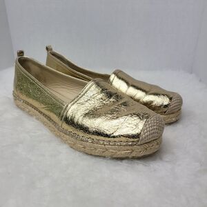 Stuart Weitzman Metallic Gold Leather Slip On Espadrilles Shoes Size 9